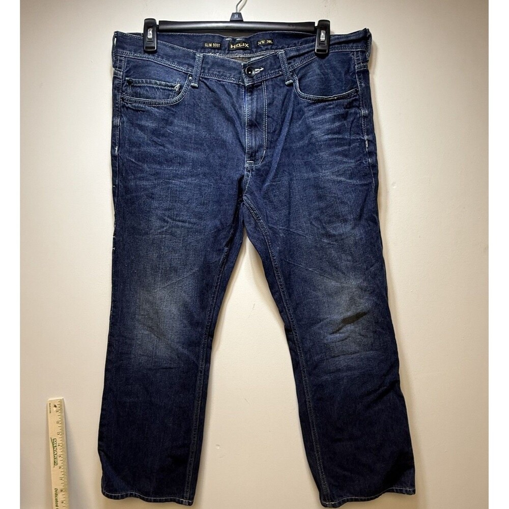 Helix Slim Boot Mens 36x30 Blue Jeans Medium Dark Wash Embroider Pockets Cotton